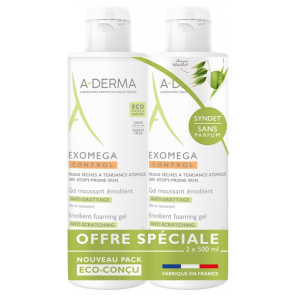 A-DERMA Exomega Control Gel Moussant Émollient Anti-Grattage Lot de 2 x 500 ml