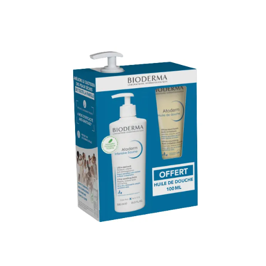 BIODERMA Atoderm Intensive Baume Ultra-Apaisant 500ml + Atoderm Huile de Douche Ultra-Nourrissante Anti-Irritations 100ml
