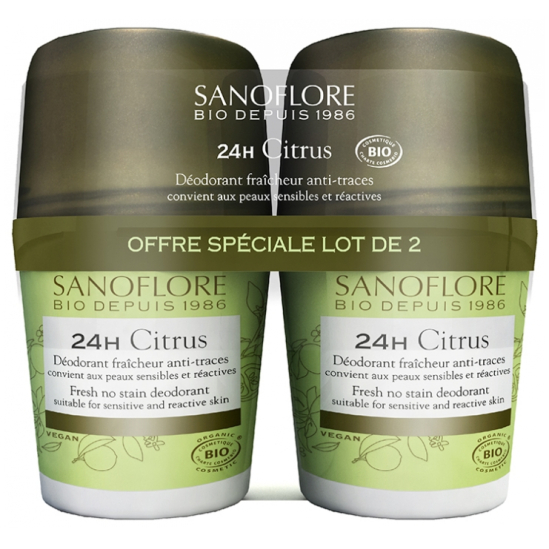 SANOFLORE 24H Citrus Déodorant Fraîcheur Anti-Traces Roll-On Bio Lot 2 x 50 ml
