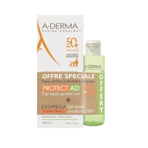 A-DERMA PROTECT AD - Crème Solaire SPF50+ 150ml + EXOMEGA CONTROL - Gel Lavant Émollient 2 en 1 100ml Offert