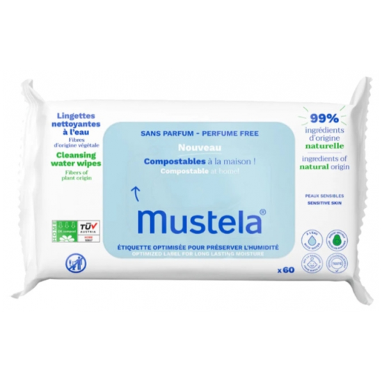 MUSTELA Lingettes Nettoyantes Compostables Sans Parfum 60 Lingettes
