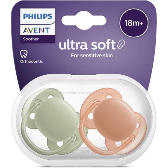 AVENT Ultra Soft Sucettes Orange/Verte18 Mois+ Lot de 2